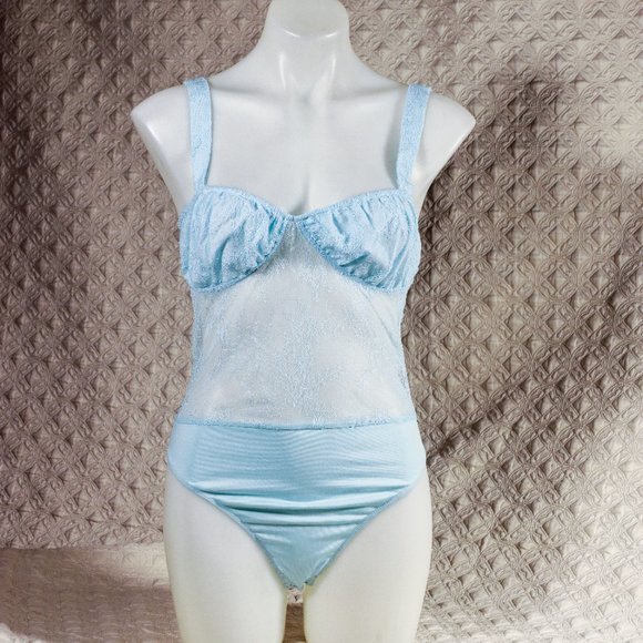 NWT DANIELLE BERNSTEIN LACE THONG BODYSUIT - sz 8 - blue - Picture 2 of 6